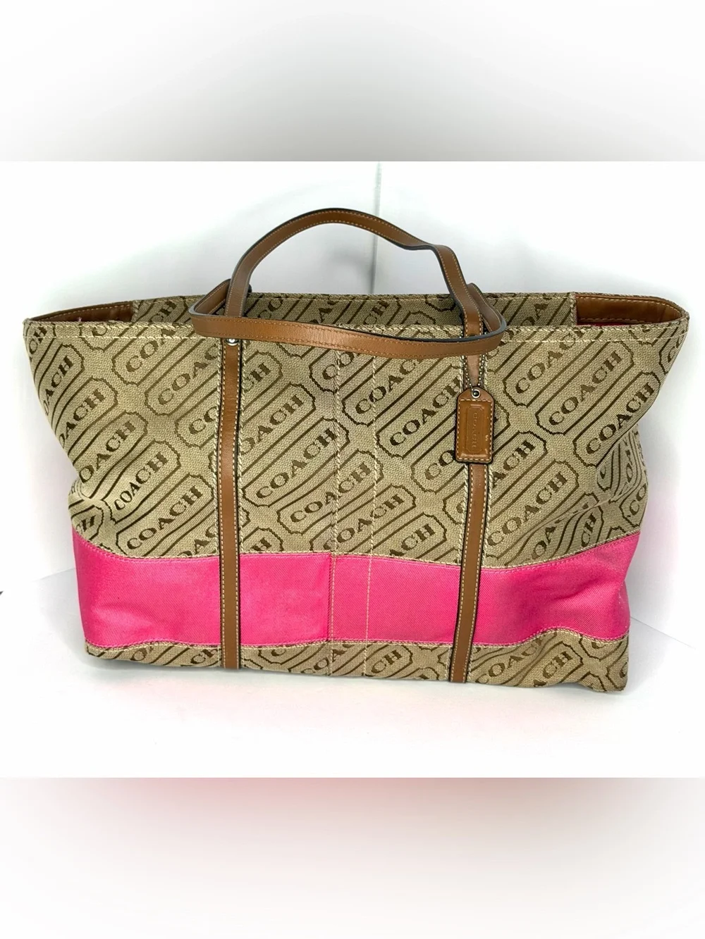 Coach Tan Signature Canvas Tote with Pink Band